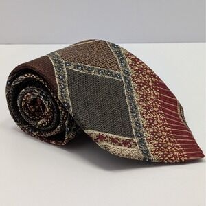 UNICEF Indian Block Print Silk Tie Men Burgundy Gold Blue Patchwork Style 58x4"